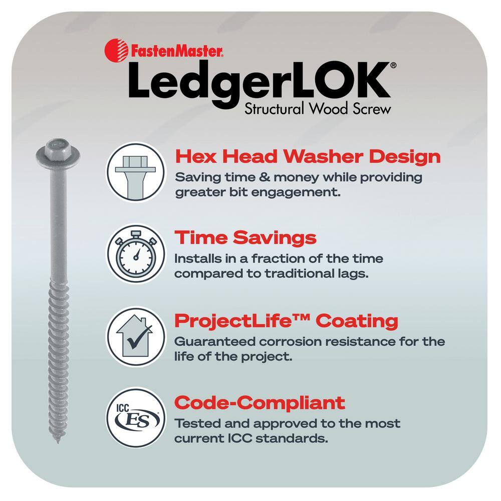 FastenMaster FMLL005-50 LedgerLOK Structural Ledger Board Screws - 5 inch wood screws with hex head - Gray (50 Pack)2