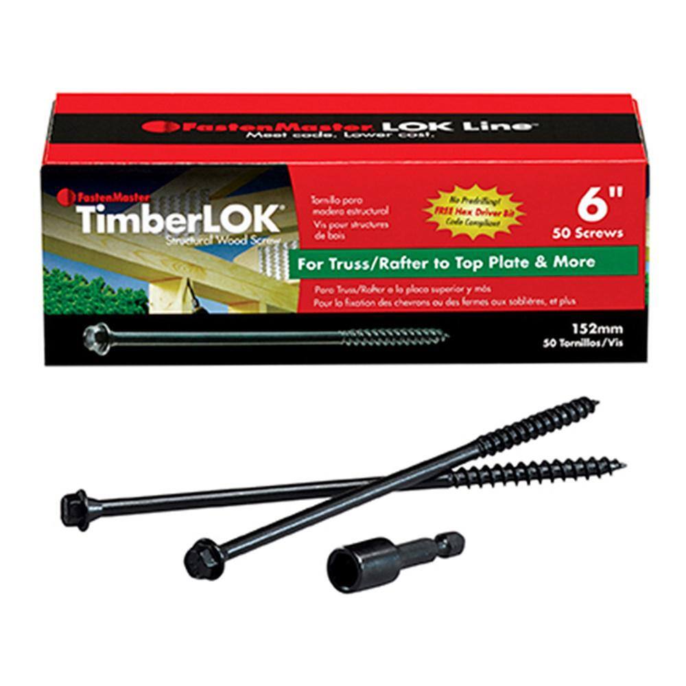 FastenMaster FMTLOK06-50 TimberLOK Structural Wood Screws - 6 inch wood screws with hex head - Black (50 Pack) FastenMaster FMTLOK06-50 TimberLOK Structural Wood Screws - 6 inch wood screws with hex head - Black (50 Pack)