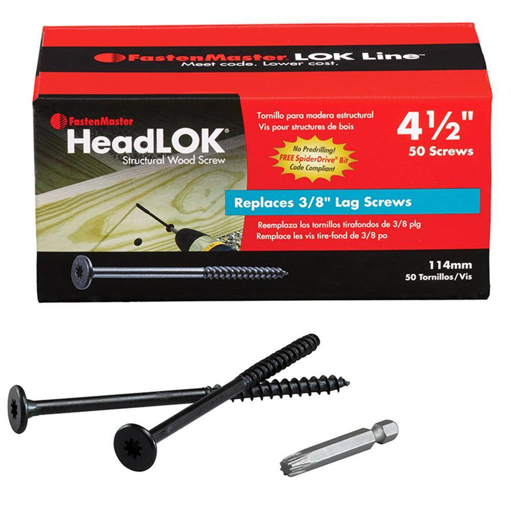 FastenMaster HeadLOK 3 8 in. x 4-1 2 in. Flat Head Structural Wood Screws for 3 8 in. Lag Bolt Replacement (50-Pack) FastenMaster HeadLOK 3/8 in. x 4-1/2 in. Flat Head Structural Wood Screws for 3/8 in. Lag Bolt Replacement (50-Pack)