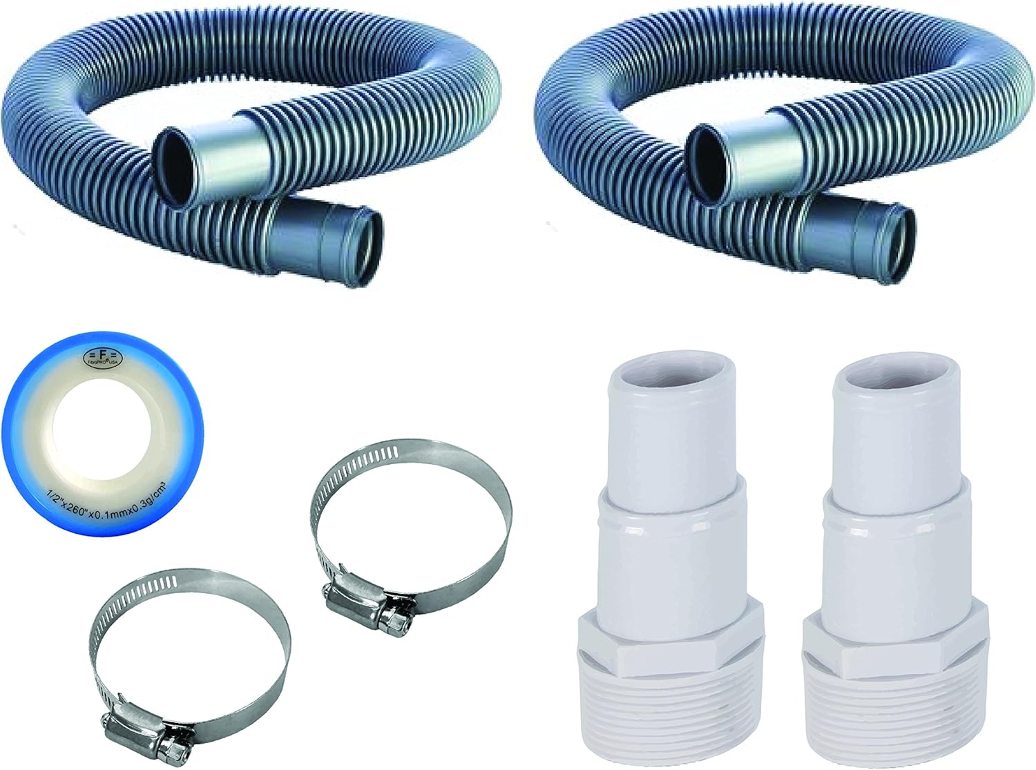 FibroPool Pool Filter Hose Replacement Kit - Two 3-Foot 1.5 Hoses, Adapters, Clamps & PTFE Tape – Durable, Leak-Resistant Design – Easy Installation, Universal Compatibility (3 Foot, 2 Pack) FibroPool Pool Filter Hose Replacement Kit - 1.5" 3 Foot and 6 Foot Hoses, Adapters, Clamps & PTFE Tape - Durable, Leak-Resistant Design - Easy Installation, Universal Compatibility (3+6 Foot)