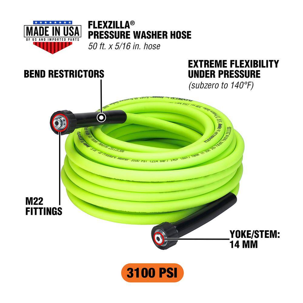 Flexzilla HFZPW3550M 5 16 in. x 50 ft. 3100 PSI Pressure Washer Hose with M22 Fittings3