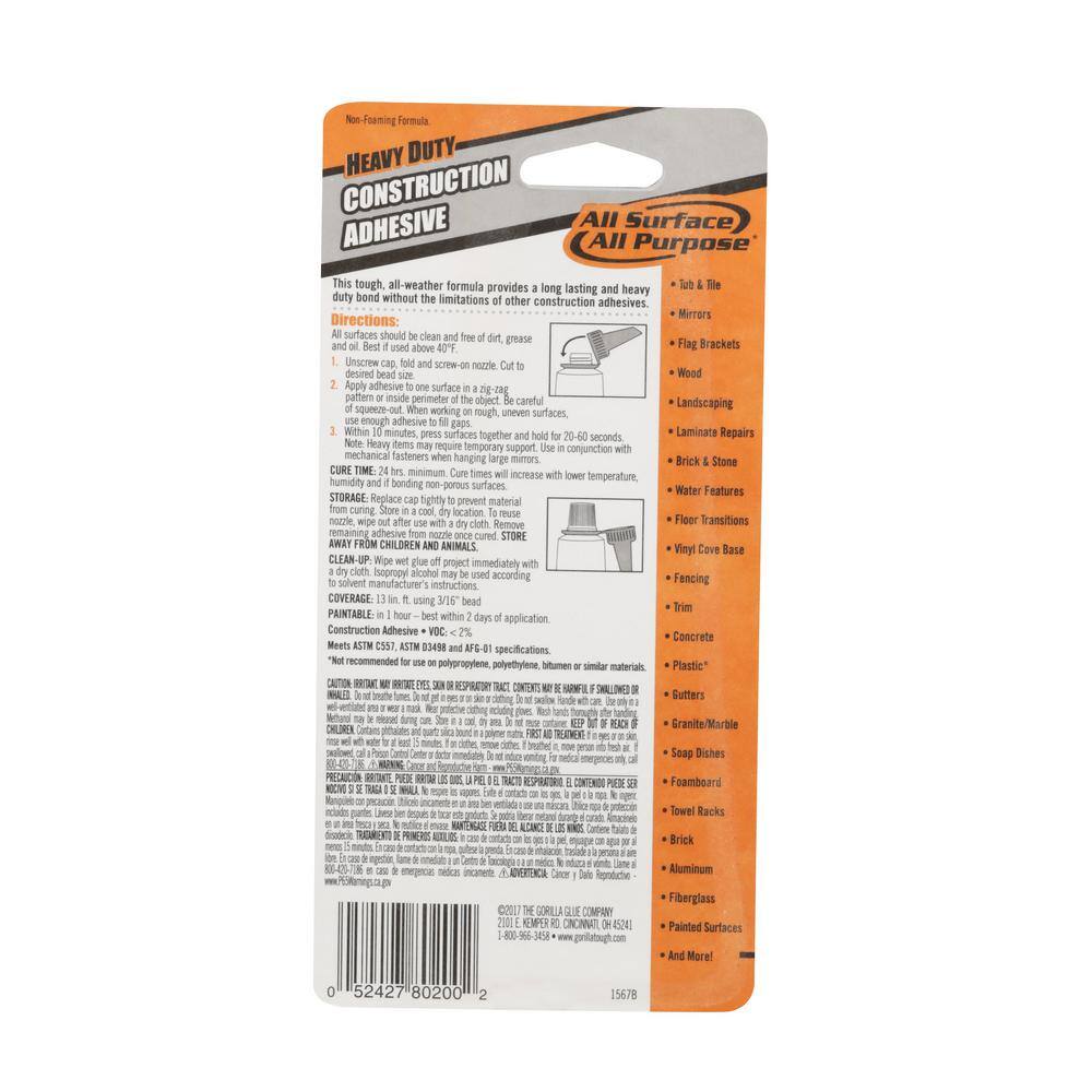 Gorilla 108724 7 oz. Heavy Duty Construction Adhesive Tube (6-Pack)3