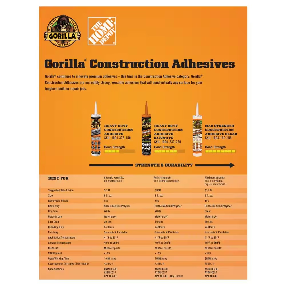 Gorilla 8008002 9 oz. Heavy Duty Construction Adhesive Ultimate (Case of 12)4_11zon