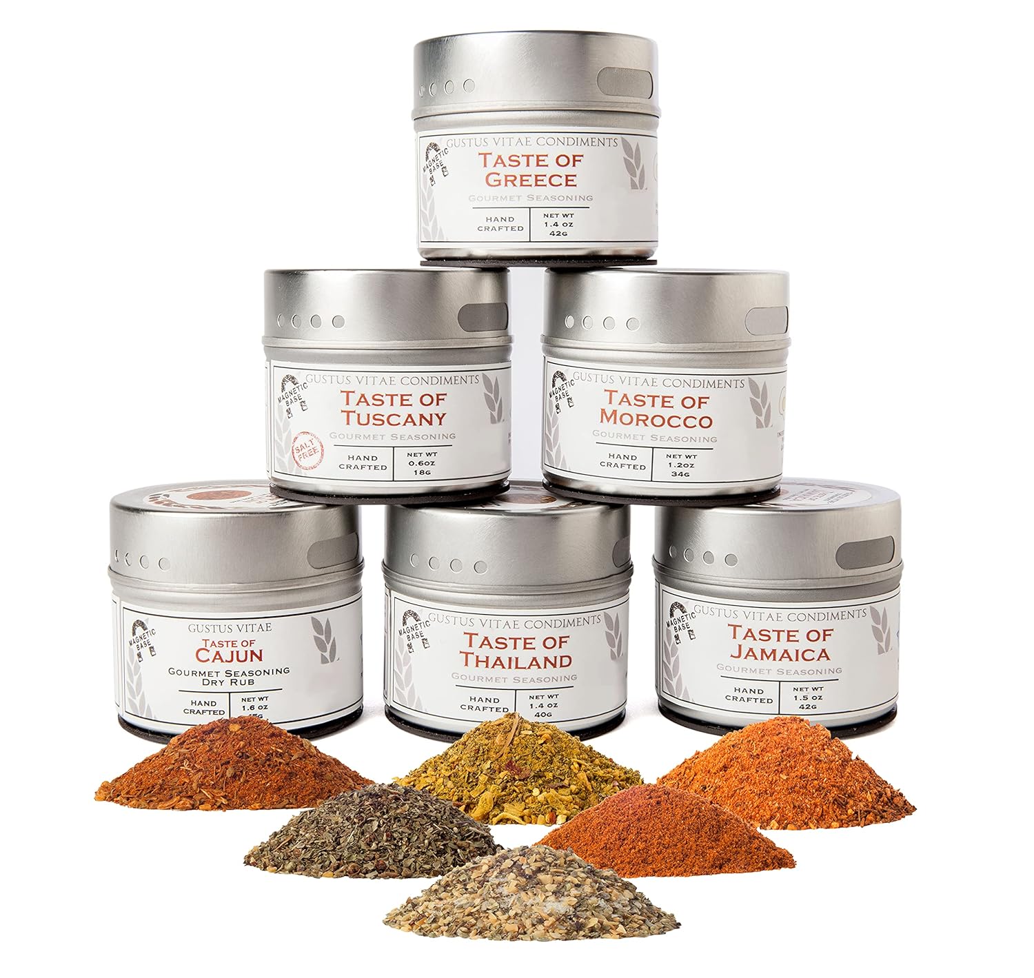 Gourmet World Flavors Seasoning Collection Non GMO Verified 6 Magnetic Tins Spice Blends Crafted in Small Batches by Gustus Vitae #68 Gourmet World Flavors Seasoning Collection | Non GMO Verified | 6 Magnetic Tins | Spice Blends | Crafted in Small Batches by Gustus Vitae | #68