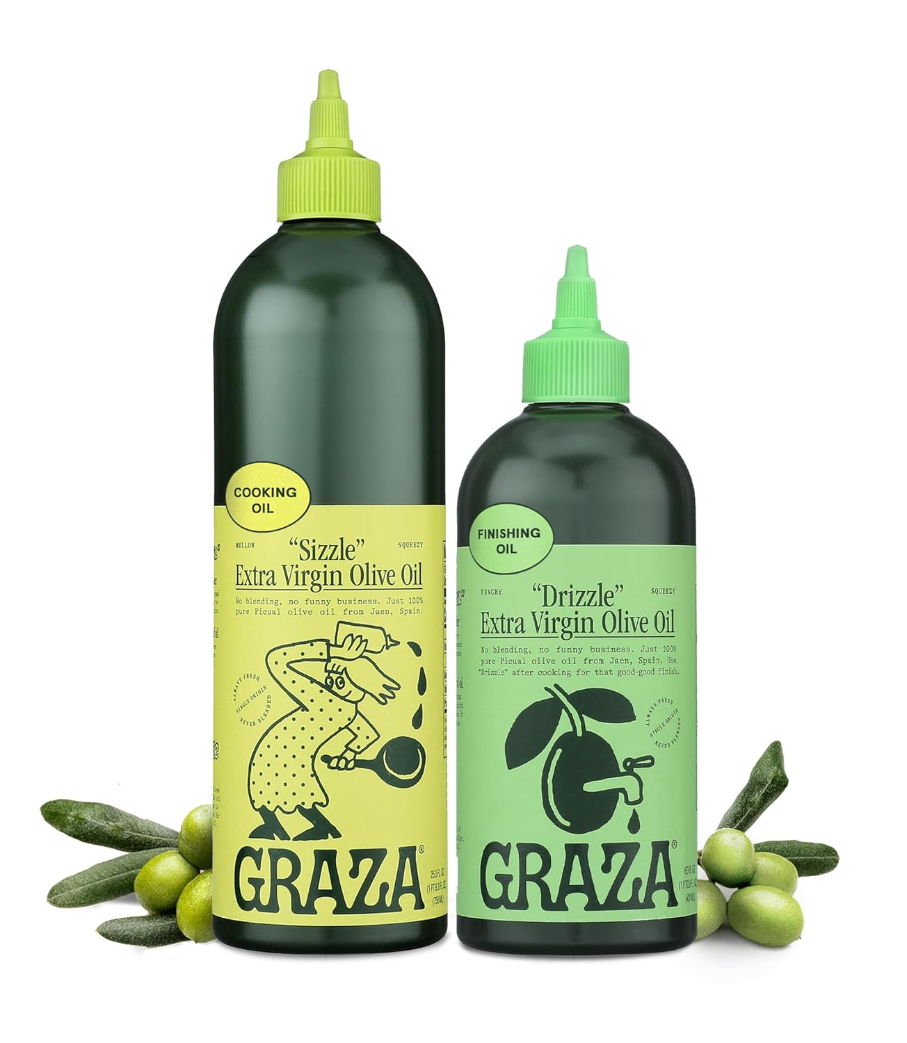 Graza Extra Virgin Olive Oil Variety Pack, Sizzle & Drizzle - High Polyphenol Peak Harvest EVOO Cooking & Finishing Oil in a Squeeze Bottle - Single Farm Olives from Spain Graza Extra Virgin Olive Oil Variety Pack, Sizzle & Drizzle - High Polyphenol Peak Harvest EVOO Cooking & Finishing Oil in a Squeeze Bottle - Single Farm Olives from Spain