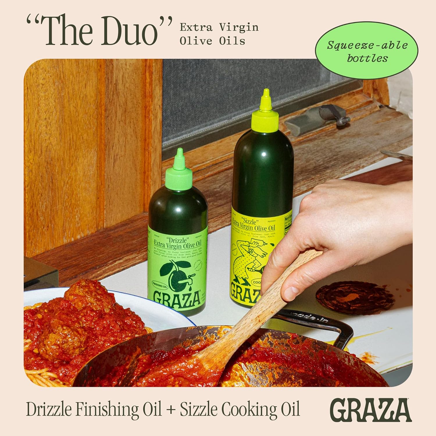 Graza Extra Virgin Olive Oil Variety Pack, Sizzle & Drizzle - High Polyphenol Peak Harvest EVOO Cooking & Finishing Oil in a Squeeze Bottle - Single Farm Olives from Spain1