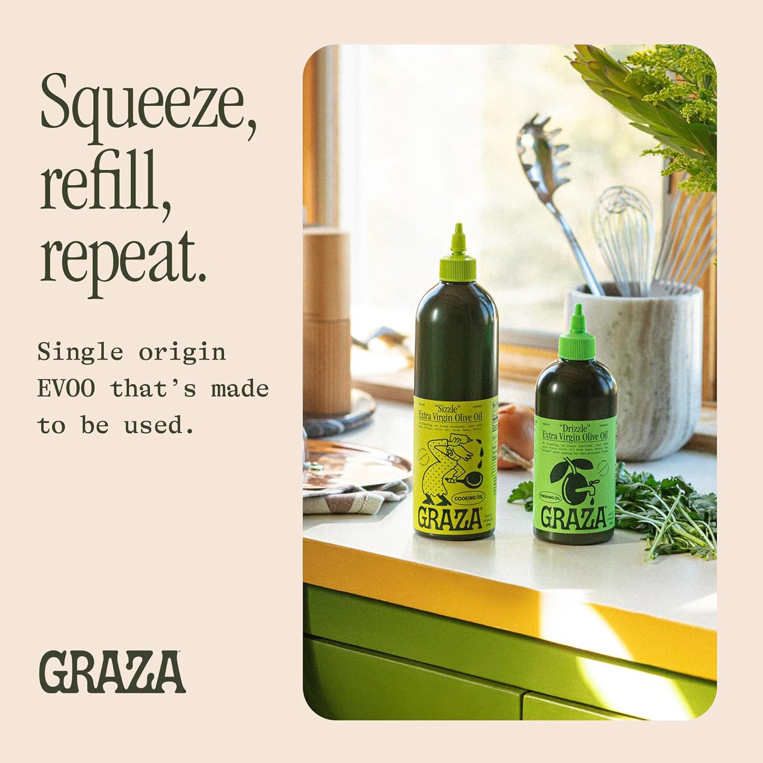 Graza Extra Virgin Olive Oil Variety Pack, Sizzle & Drizzle - High Polyphenol Peak Harvest EVOO Cooking & Finishing Oil in a Squeeze Bottle - Single Farm Olives from Spain9o