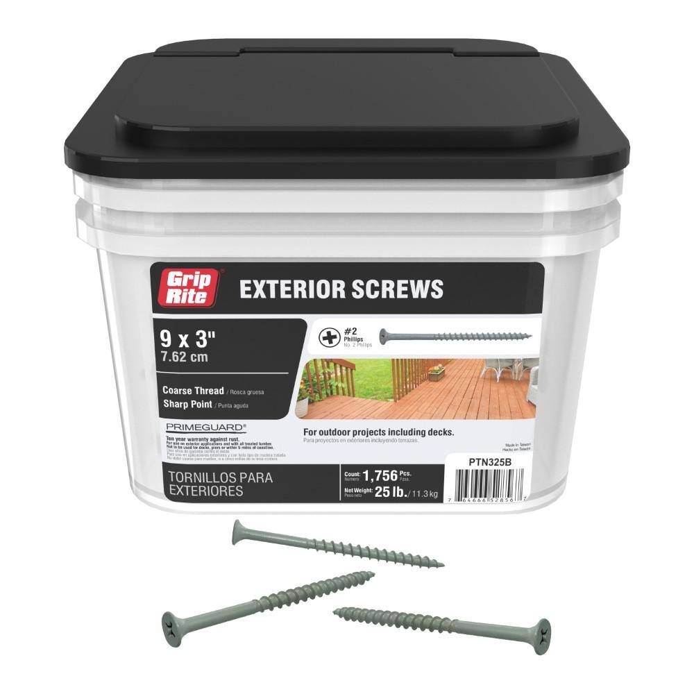 Grip-Rite PTN325B #9 x 3 in. #2 Phillips Bugle Head Coarse Thread Coated Exterior Wood Deck Screws 25 lb. Box Grip-Rite PTN325B #9 x 3 in. #2 Phillips Bugle Head Coarse Thread Coated Exterior Wood Deck Screws 25 lb. Box