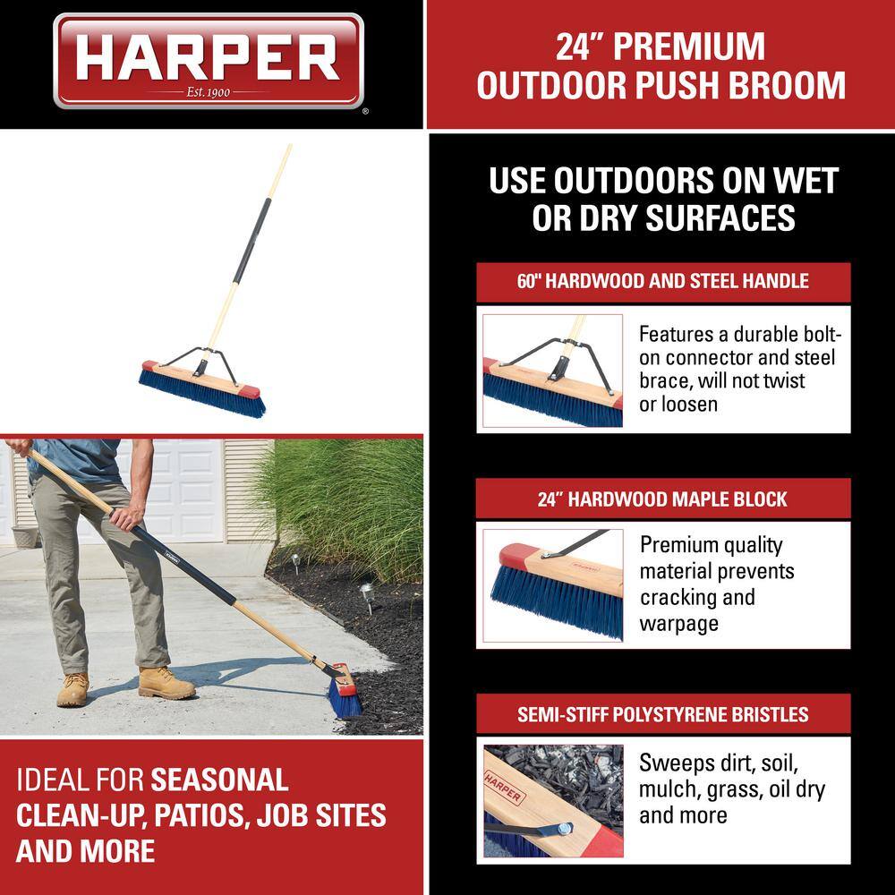 HARPER 24 in. Premium Outdoor Hardwood Steel Handle Push Broom for Dirt, Soil, Mulch, Grass and Oil Dry5