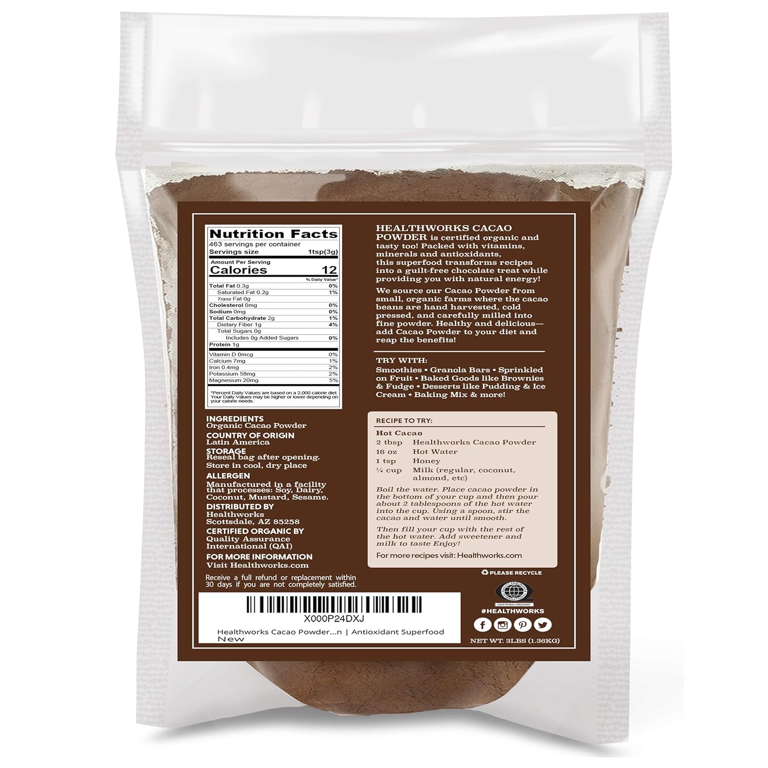 Healthworks Superfoods Organic Cacao Powder - 48 Oz 3 Lbs - Cocoa Chocolate Substitute - Rich Choclate Flavour - Sugar-Free, Keto, Vegan & Non-GMO - Peruvian Bean Nut Origin - Antioxidant Superfood1