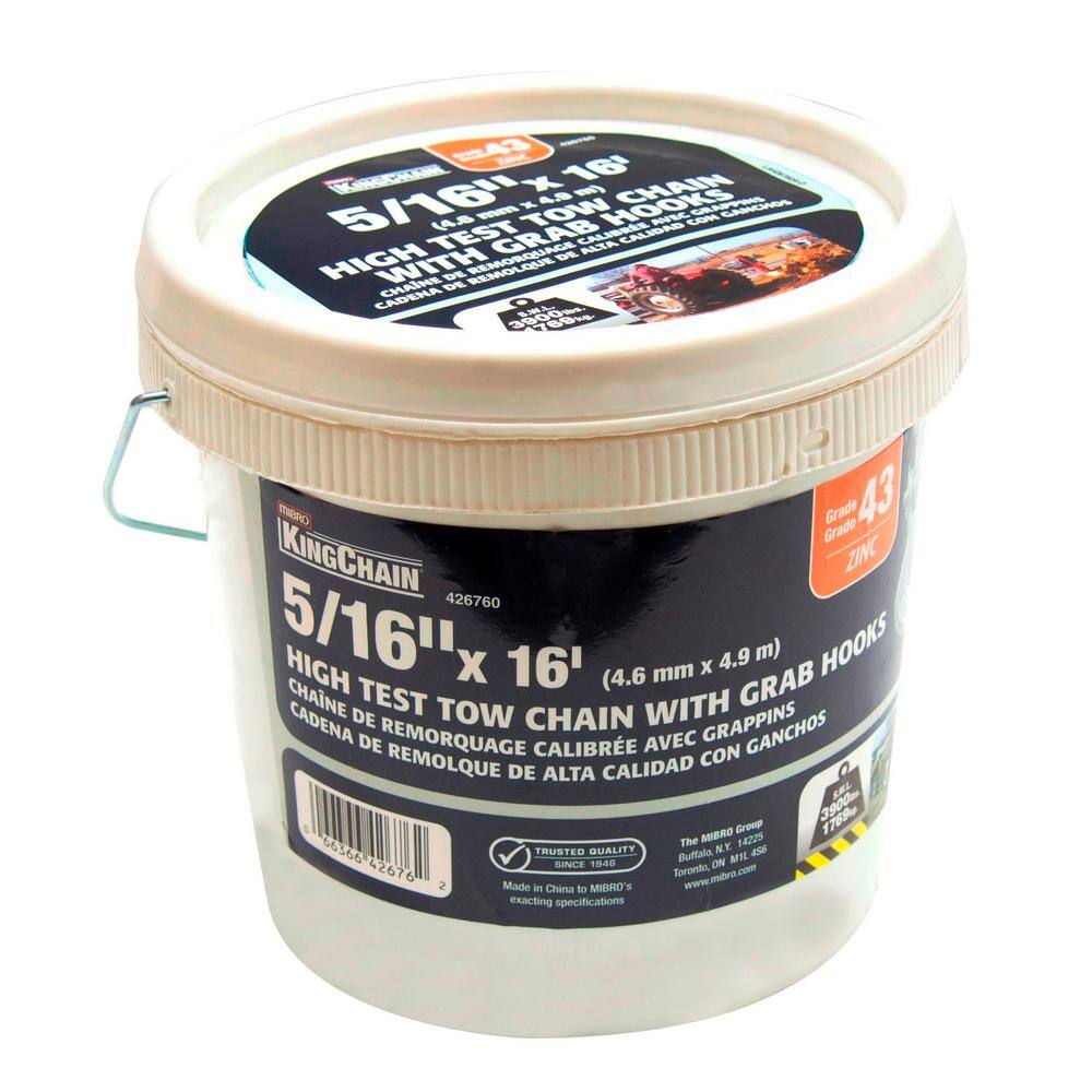 KingChain 426760 5 16 in. x 16 ft. Grade 43 High-Test Tow Chain with 5 16 in. Clevis Grab Hooks Zinc Plated Storage Pail1