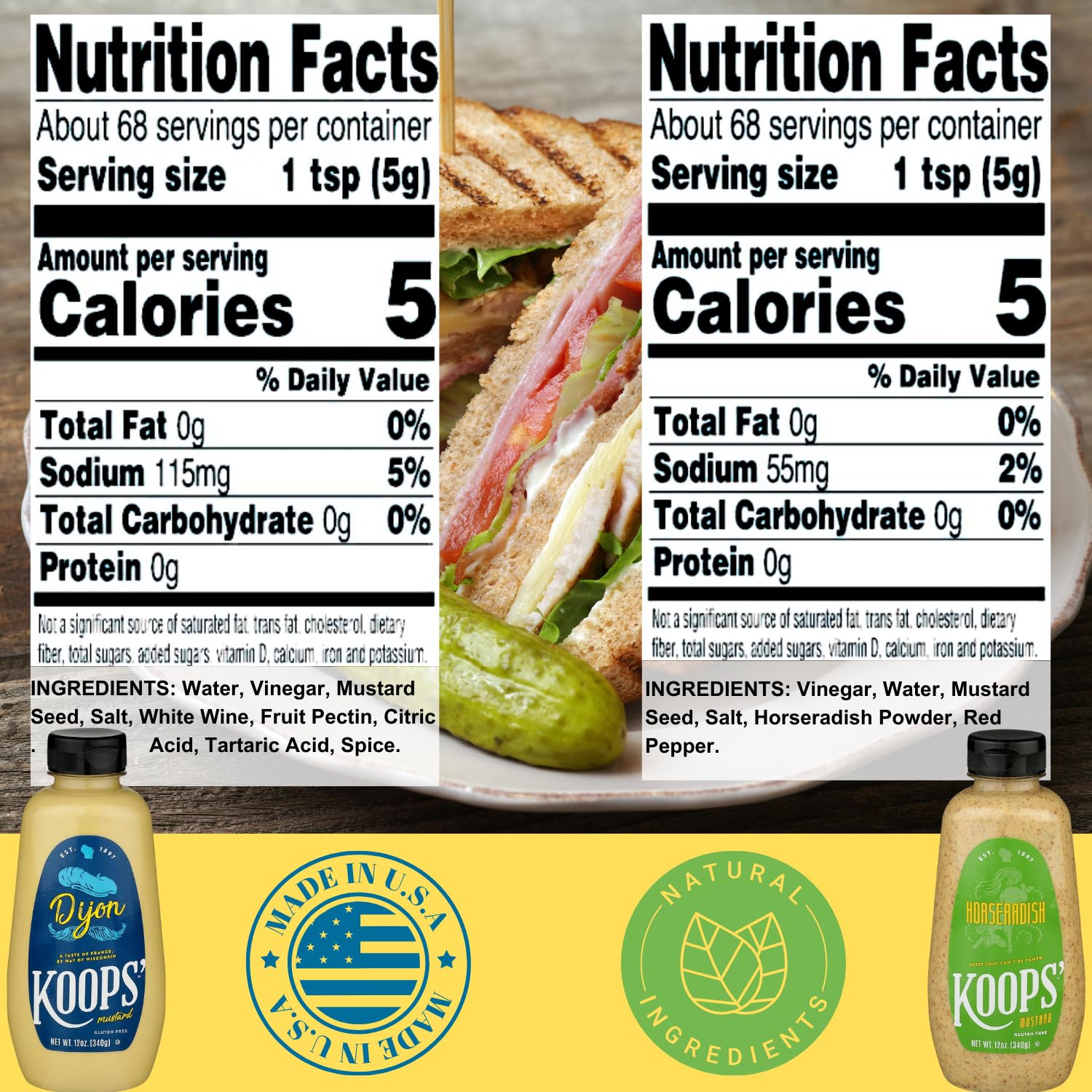 Koops' Mustard Variety Pack – Original Yellow, Spicy Brown, Dijon, Honey Mustard, & More – Gluten-Free, Kosher, USDA Organic, Made in USA, From Quality Mustard Seeds – 12 Oz, Pack of 102