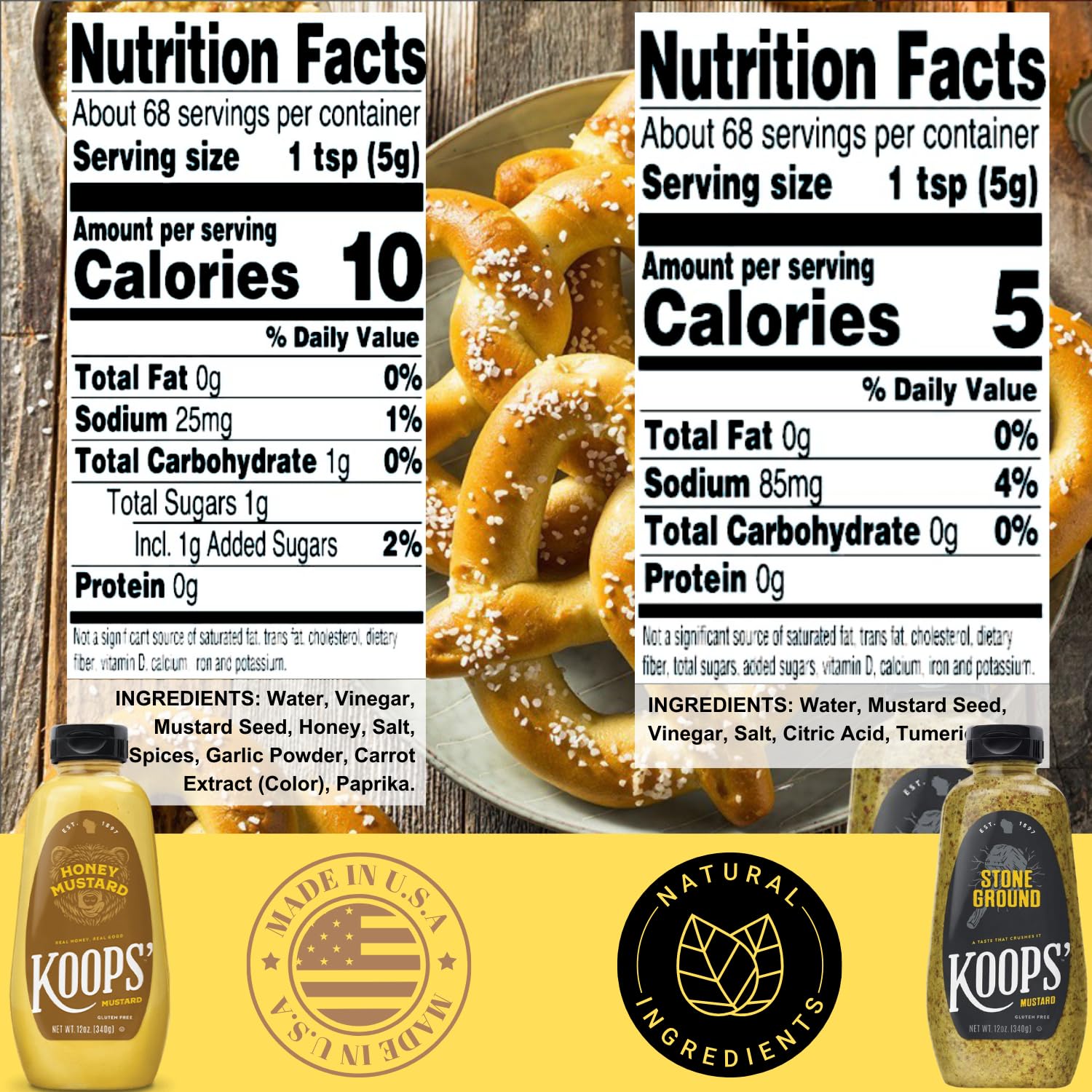 Koops' Mustard Variety Pack – Original Yellow, Spicy Brown, Dijon, Honey Mustard, & More – Gluten-Free, Kosher, USDA Organic, Made in USA, From Quality Mustard Seeds – 12 Oz, Pack of 105