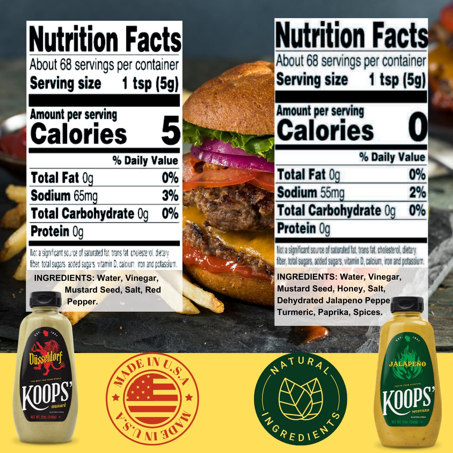 Koops' Mustard Variety Pack – Original Yellow, Spicy Brown, Dijon, Honey Mustard, & More – Gluten-Free, Kosher, USDA Organic, Made in USA, From Quality Mustard Seeds – 12 Oz, Pack of 108