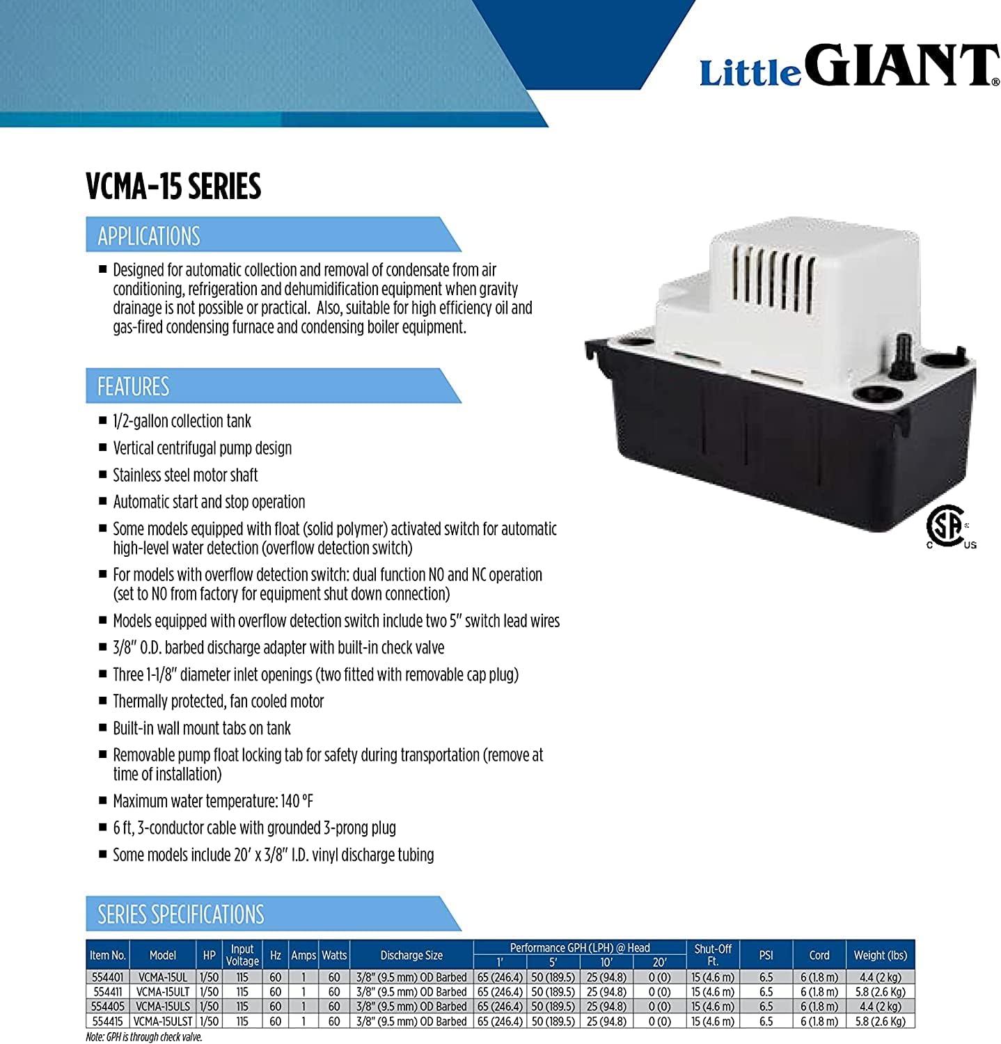 Little Giant VCMA-15ULS 115 Volt, 65 GPH, 1 50 HP Automatic Condensate Removal Pump for HVAC Refrigeration Systems Dehumidifiers with Overflow Detection Switch and 6-Foot Cord, White Black, 5544050