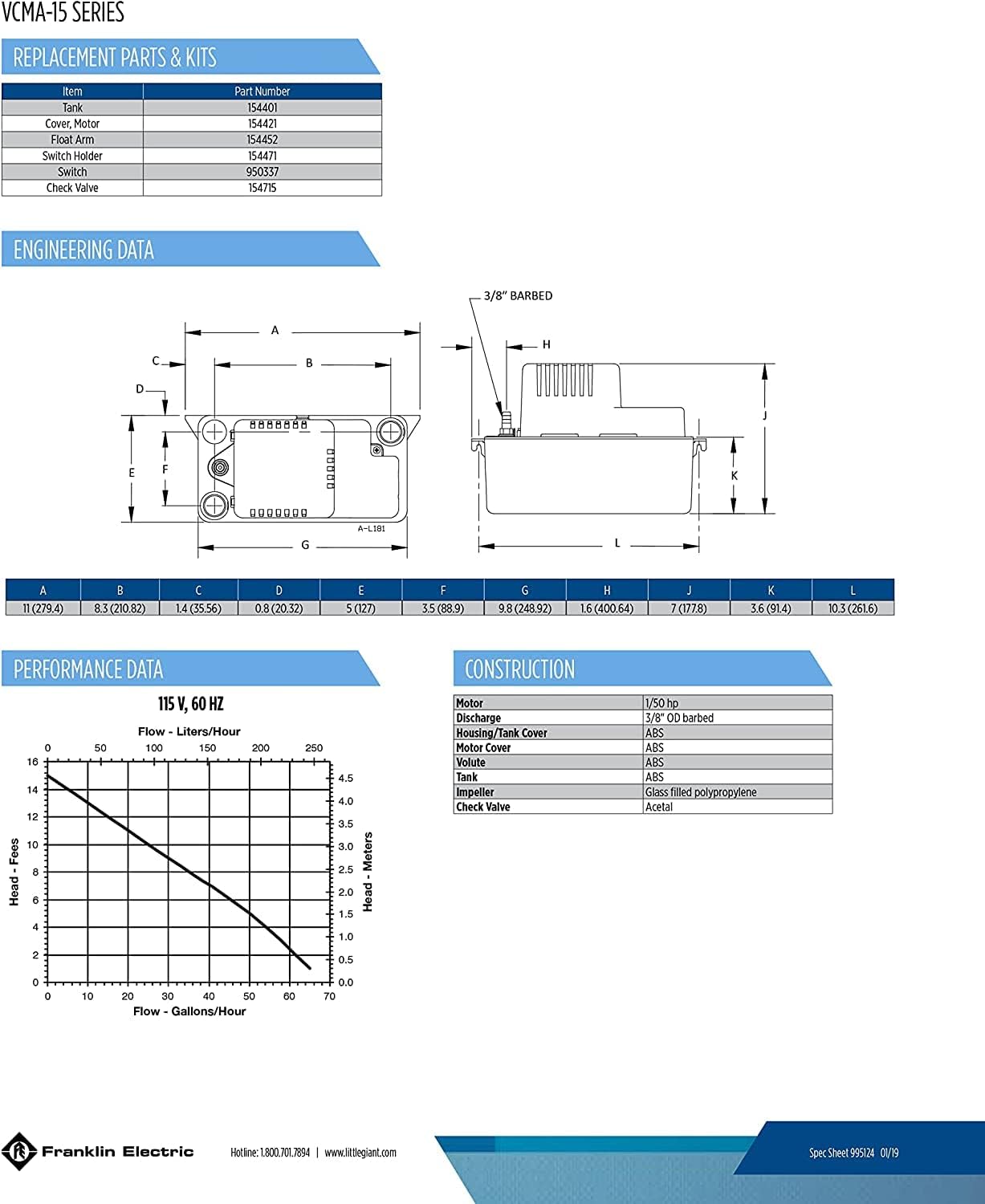 Little Giant VCMA-15ULS 115 Volt, 65 GPH, 1 50 HP Automatic Condensate Removal Pump for HVAC Refrigeration Systems Dehumidifiers with Overflow Detection Switch and 6-Foot Cord, White Black, 55440511