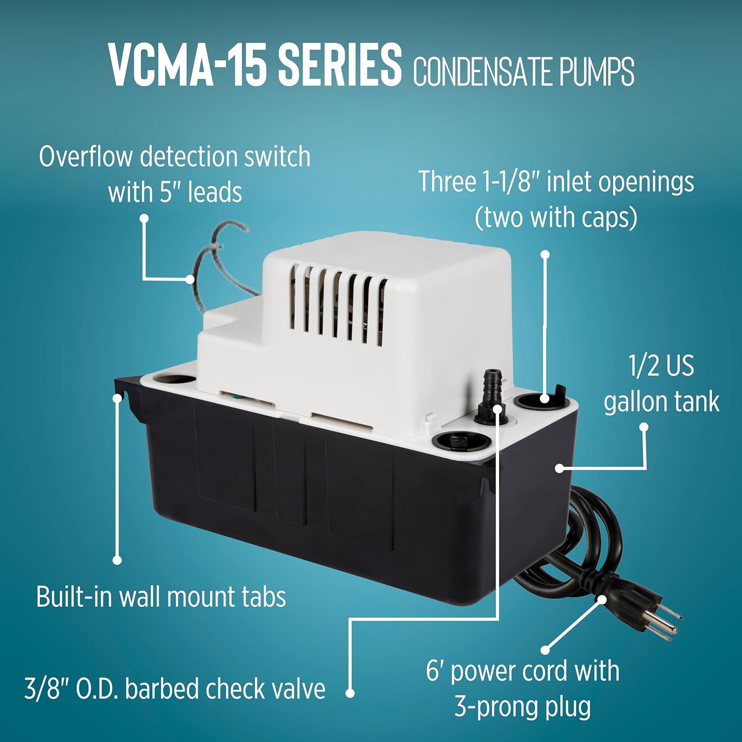 Little Giant VCMA-15ULS 115 Volt, 65 GPH, 1 50 HP Automatic Condensate Removal Pump for HVAC Refrigeration Systems Dehumidifiers with Overflow Detection Switch and 6-Foot Cord, White Black, 5544052