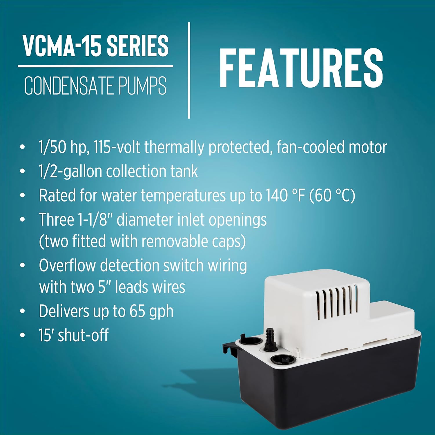 Little Giant VCMA-15ULS 115 Volt, 65 GPH, 1 50 HP Automatic Condensate Removal Pump for HVAC Refrigeration Systems Dehumidifiers with Overflow Detection Switch and 6-Foot Cord, White Black, 5544053