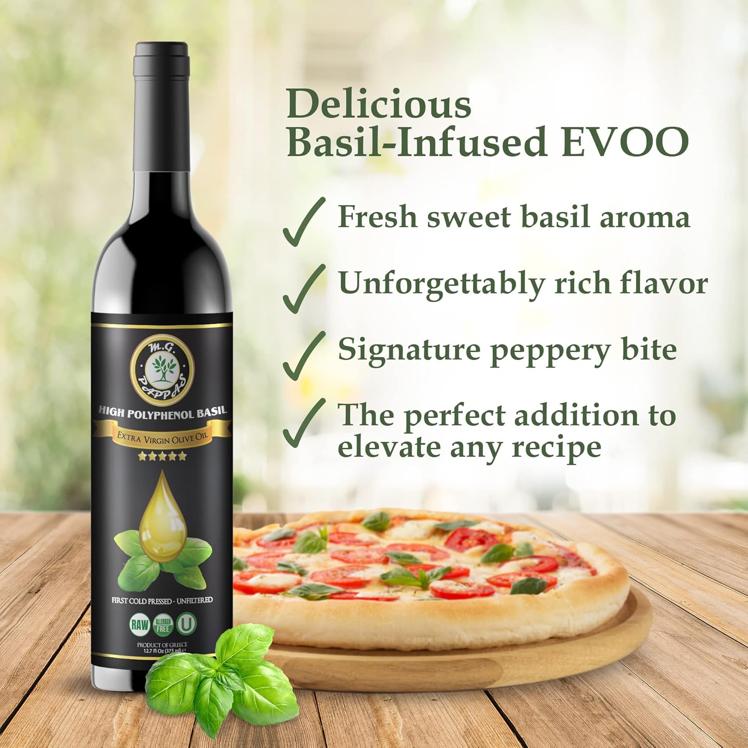 M.G. PAPPAS High Polyphenol Rich Basil Infused Olive Oil - Extra Virgin Olive Oil Polyphenol Lab Report 650mg kg - Cold Pressed & Unfiltered - High Hydroxytyrosol Greek Olive Oil - Award Winning1