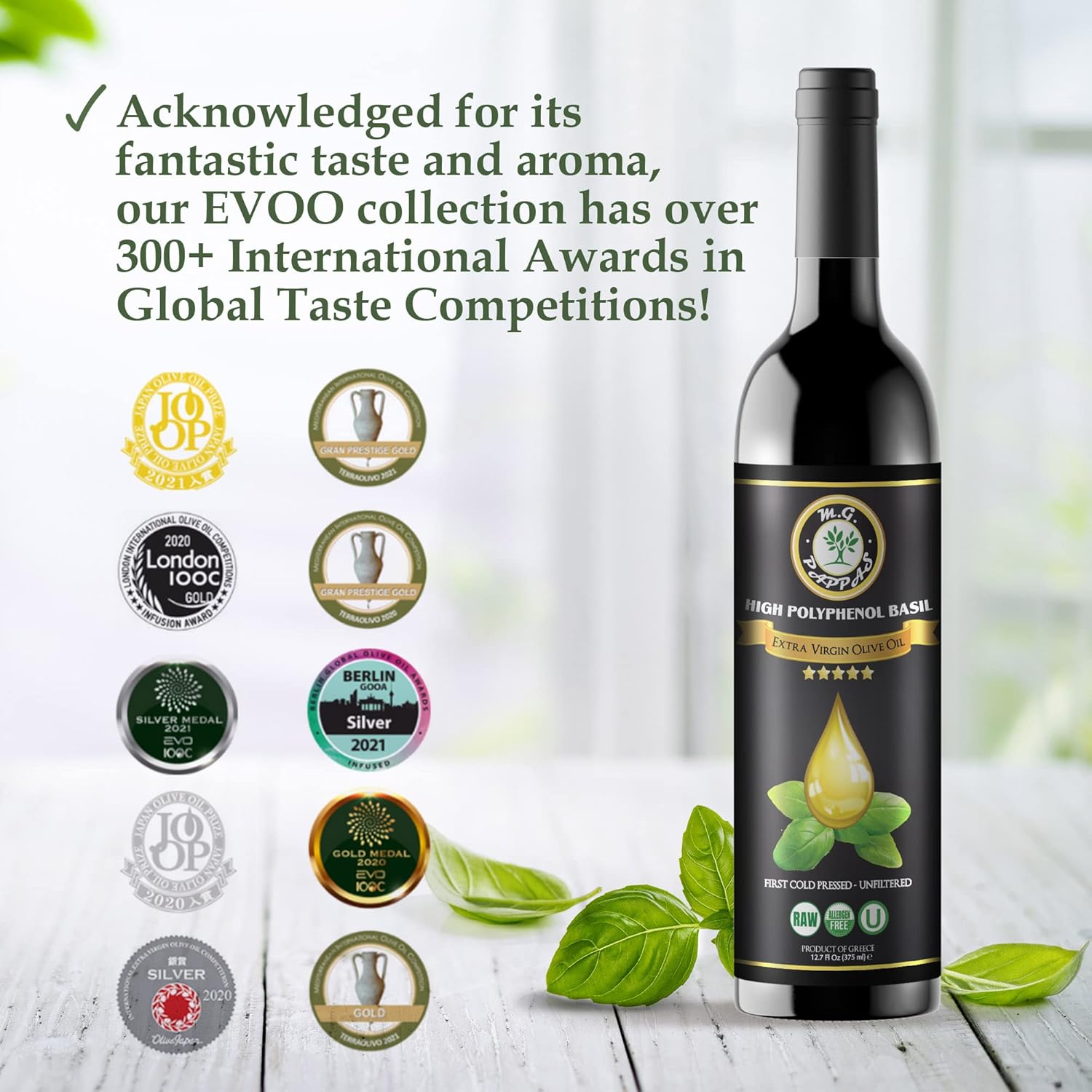 M.G. PAPPAS High Polyphenol Rich Basil Infused Olive Oil - Extra Virgin Olive Oil Polyphenol Lab Report 650mg kg - Cold Pressed & Unfiltered - High Hydroxytyrosol Greek Olive Oil - Award Winning6