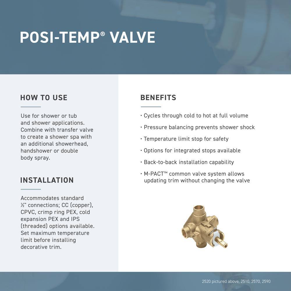 MOEN 2520 Brass Rough-In Posi-Temp Pressure-Balancing Cycling Tub and Shower Valve - 1 2 in. CC Connection6