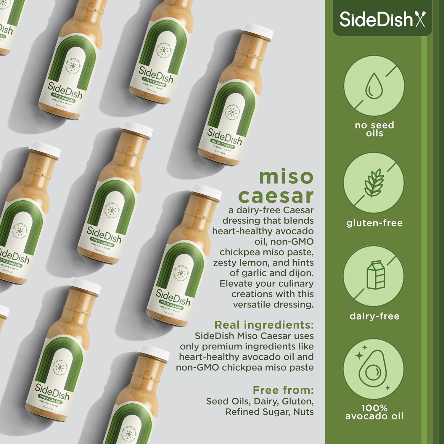 Miso Caesar Dressing (Pack of 3) – Seed Oil Free Salad Dressing Made w Avocado Oil – Refined Sugar Free, Dairy & Gluten Free Dip & Marinade – Paleo Honey Mustard Dressing for Dips, Sauces - SideDish3