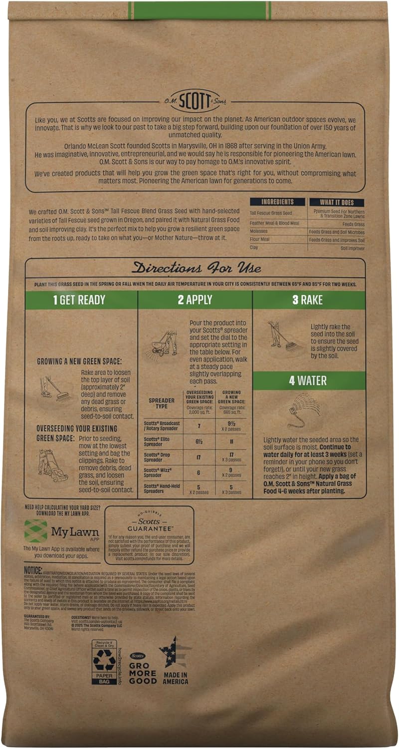 O.M. Scott and Sons Tall Fescue Blend Grass Seed, Fertilizer and Soil Improver, Naturally Crowds Out Weeds, Covers Up to 2,000 sq. ft., 8 lbs.17