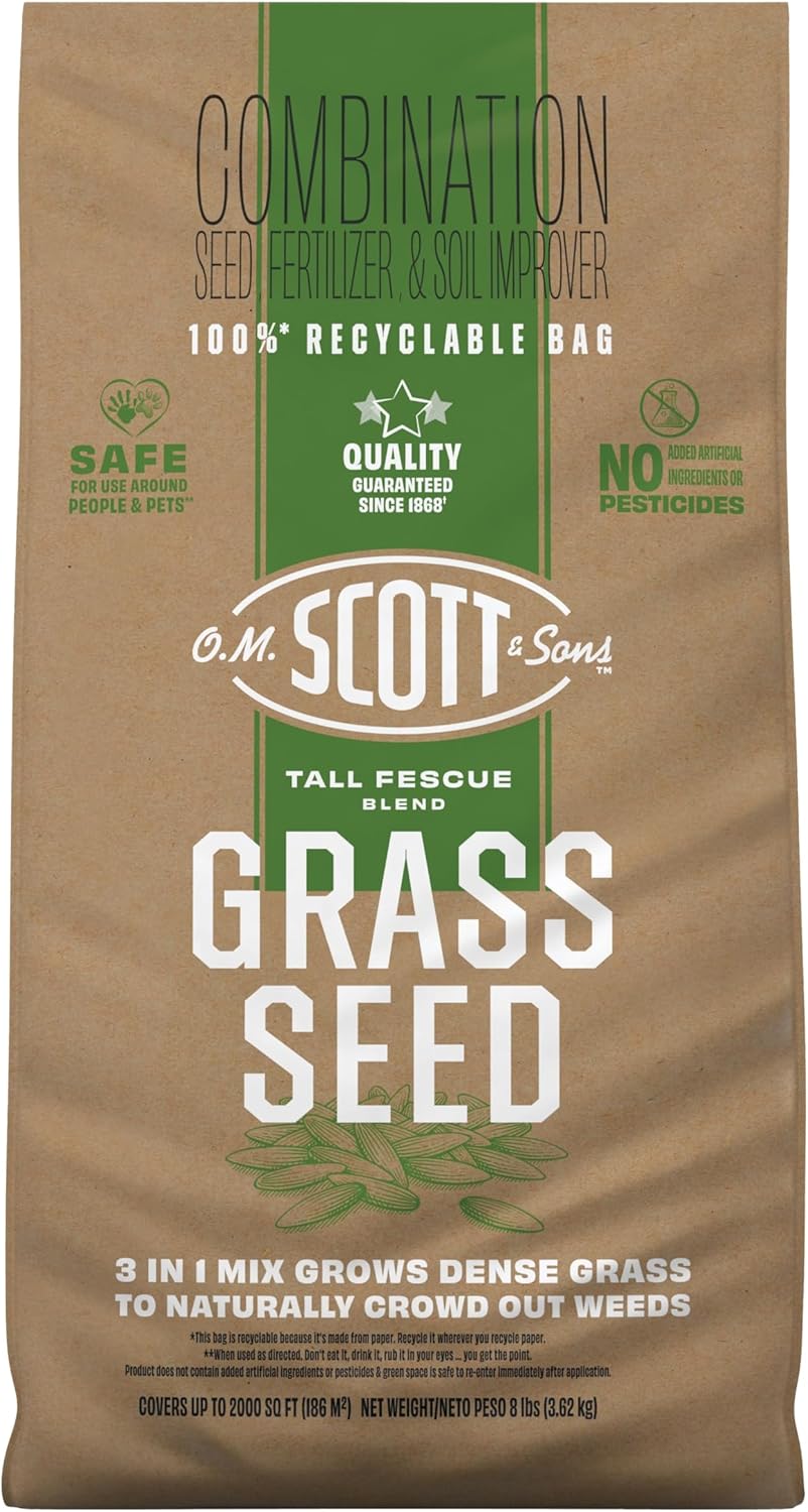 O.M. Scott and Sons Tall Fescue Blend Grass Seed, Fertilizer and Soil Improver, Naturally Crowds Out Weeds, Covers Up to 2,000 sq. ft., 8 lbs. O.M. Scott and Sons Tall Fescue Blend Grass Seed, Fertilizer and Soil Improver, Naturally Crowds Out Weeds, Covers Up to 2,000 sq. ft., 8 lbs.