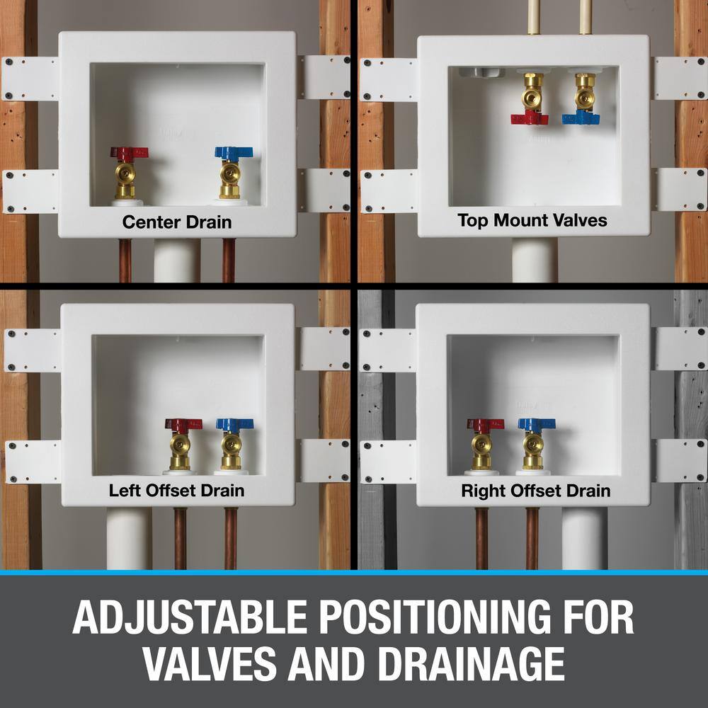 Oatey 38528 Quadtro 1 2 in. x 1 2 in. PEX Compatible Washing Machine Outlet Box with 1 4 Turn Valves2