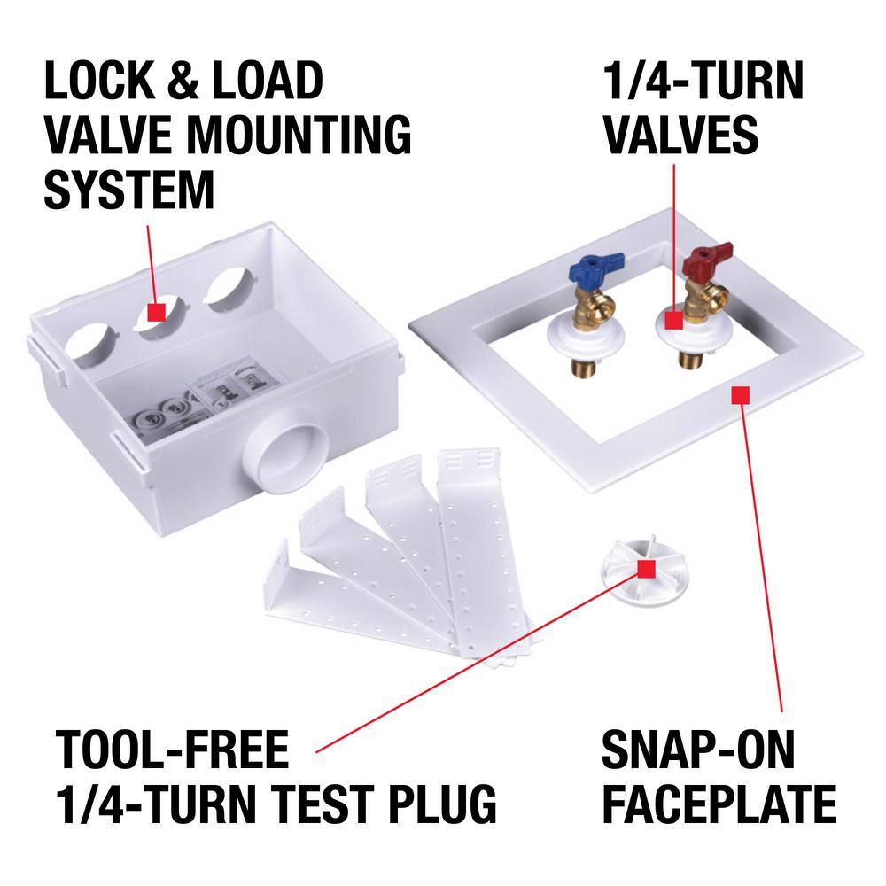 Oatey 38528 Quadtro 1 2 in. x 1 2 in. PEX Compatible Washing Machine Outlet Box with 1 4 Turn Valves3