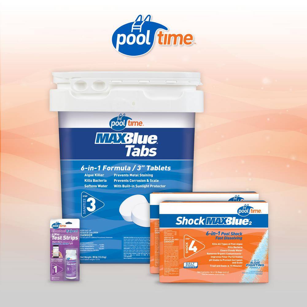Pool Time 67035PTM 35 lb. MAXBlue Tablets Pool Chlorinating with Two 10 lb. MAXBlue Shock + 50 ct. Test Strips Pool Time 67035PTM 35 lb. MAXBlue Tablets Pool Chlorinating with Two 10 lb. MAXBlue Shock + 50 ct. Test Strips