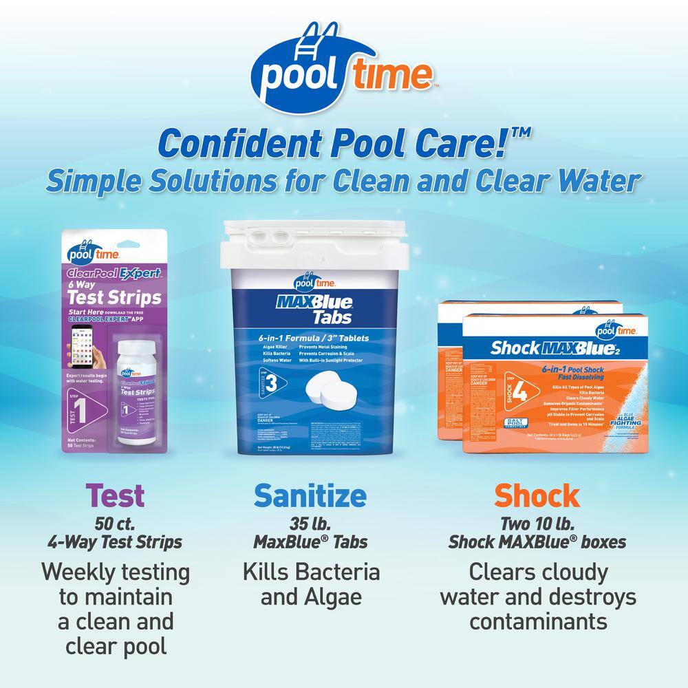 Pool Time 67035PTM 35 lb. MAXBlue Tablets Pool Chlorinating with Two 10 lb. MAXBlue Shock + 50 ct. Test Strips6