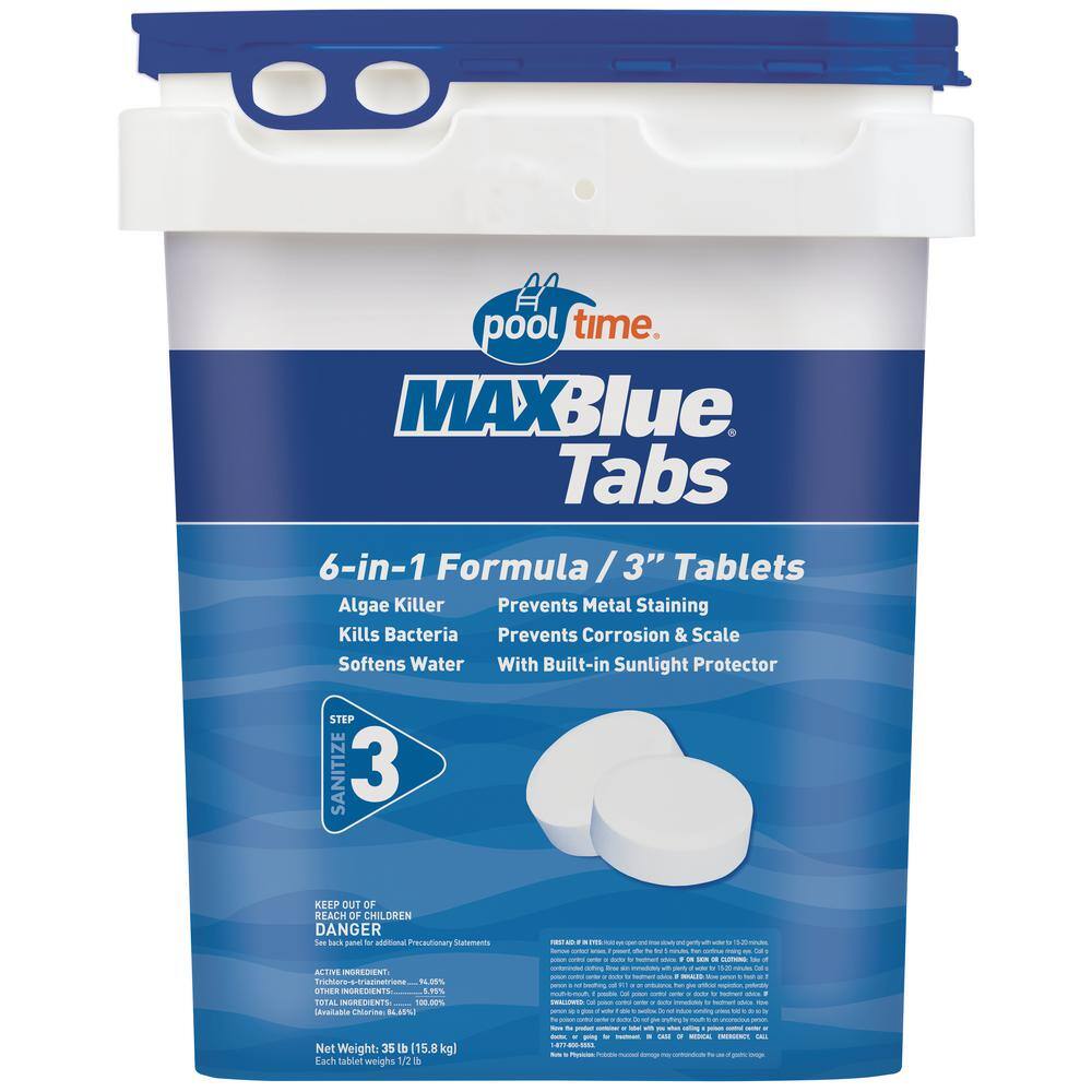 Pool Time 67035PTM 35 lb. MAXBlue Tablets Pool Chlorinating with Two 10 lb. MAXBlue Shock + 50 ct. Test Strips7