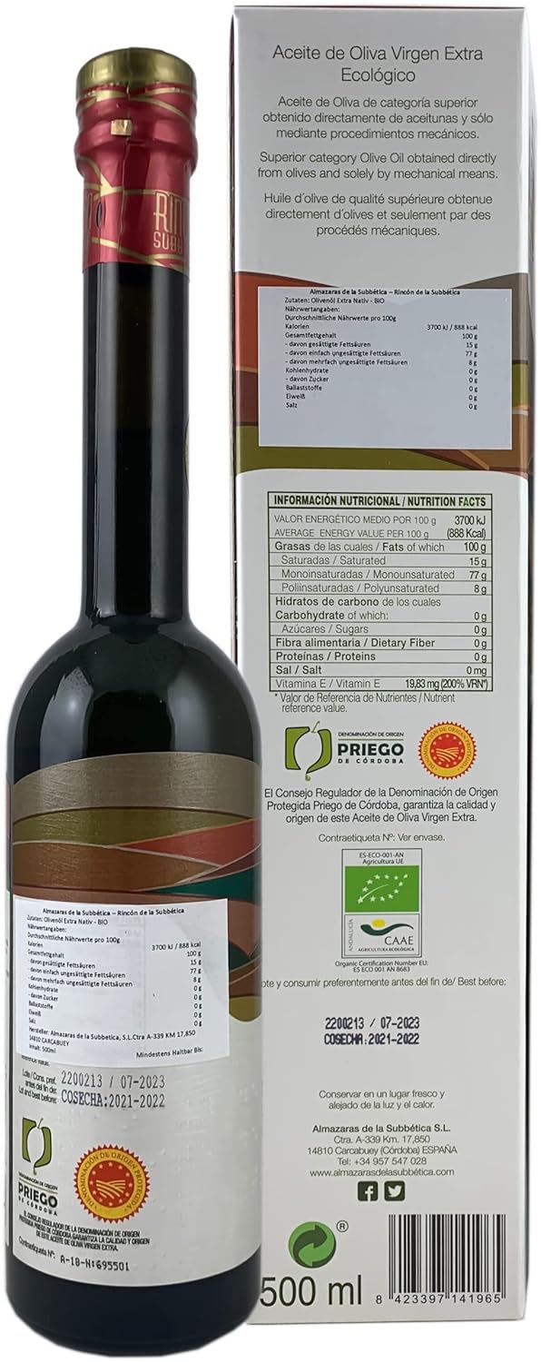 Rincon De La Subbetica- Award Winning, Organic Cold Pressed EVOO Extra Virgin Olive Oil, 16.9-Ounce Glass Bottle1