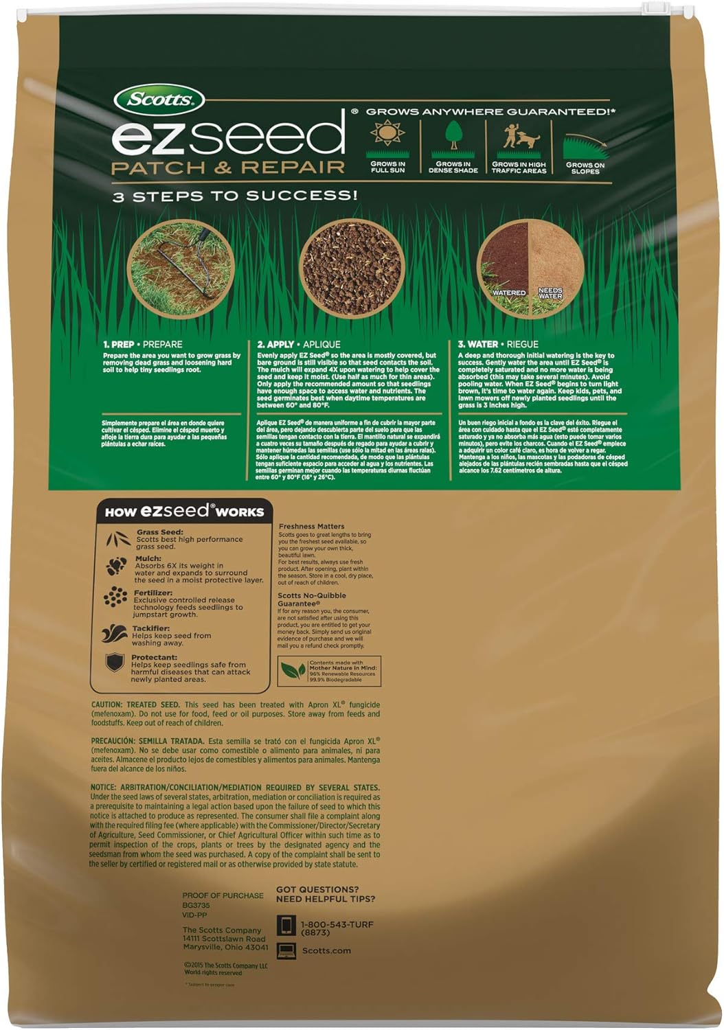 Scotts EZ Seed Patch & Repair for Sun and Shade Combination Mulch, Sun and Shade Grass Seed and Fertilizer for Bare Spots and Repair, Grows Anywhere, 20 lbs.1
