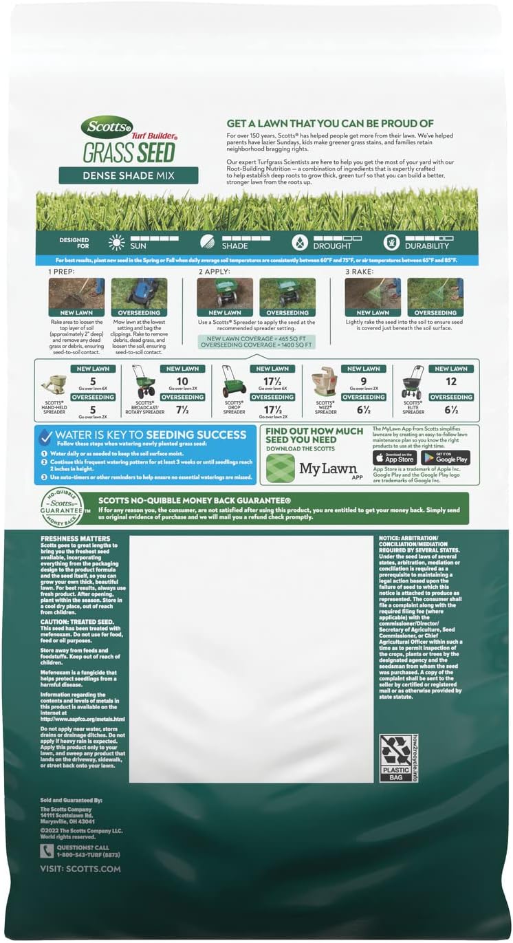Scotts Turf Builder Grass Seed Dense Shade Mix with Fertilizer and Soil Improver, Grows With Little Sunlight, 5.6 lbs.0