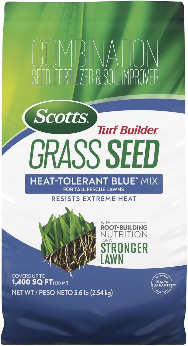 Scotts Turf Builder Grass Seed Heat-Tolerant Blue Mix for Tall Fescue Lawns with Fertilizer and Soil Improver, 5.6 lbs. Scotts Turf Builder Grass Seed Heat-Tolerant Blue Mix for Tall Fescue Lawns with Fertilizer and Soil Improver, 5.6 lbs.