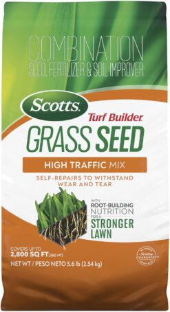 Scotts Turf Builder Grass Seed High Traffic Mix with Fertilizer and Soil Improver, Self-Repairs, 5.6 lbs.