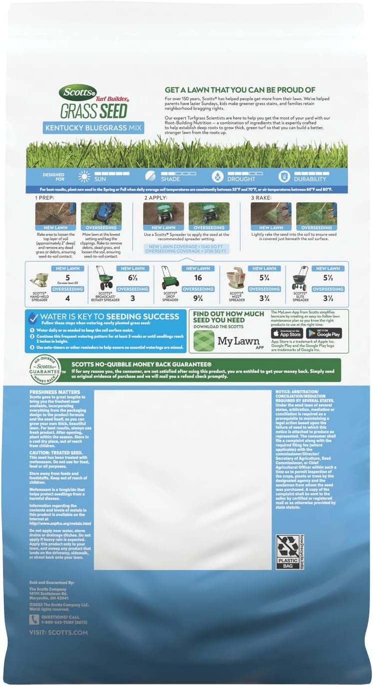 Scotts Turf Builder Grass Seed Kentucky Bluegrass Mix with Fertilizer and Soil Improver, Grows Dense, Green Turf, 5.6 lbs.22