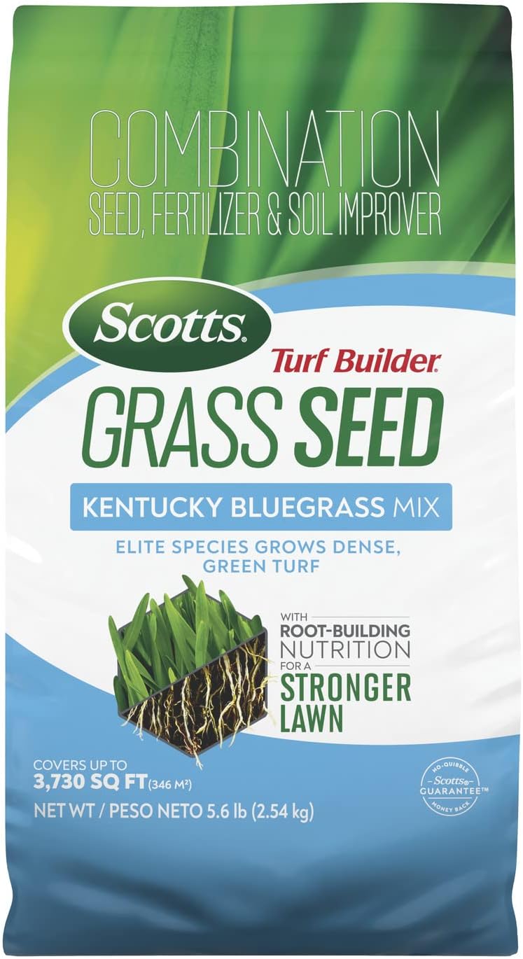 Scotts Turf Builder Grass Seed Kentucky Bluegrass Mix with Fertilizer and Soil Improver, Grows Dense, Green Turf, 5.6 lbs. Scotts Turf Builder Grass Seed Kentucky Bluegrass Mix with Fertilizer and Soil Improver, Grows Dense, Green Turf, 5.6 lbs.