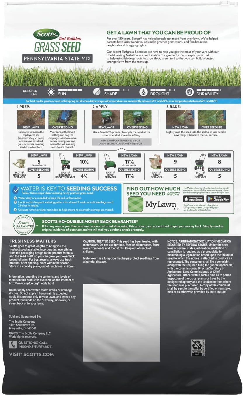 Scotts Turf Builder Grass Seed Pennsylvania State Mix with Fertilizer and Soil Improver, Premium Mix, 16 lbs.1