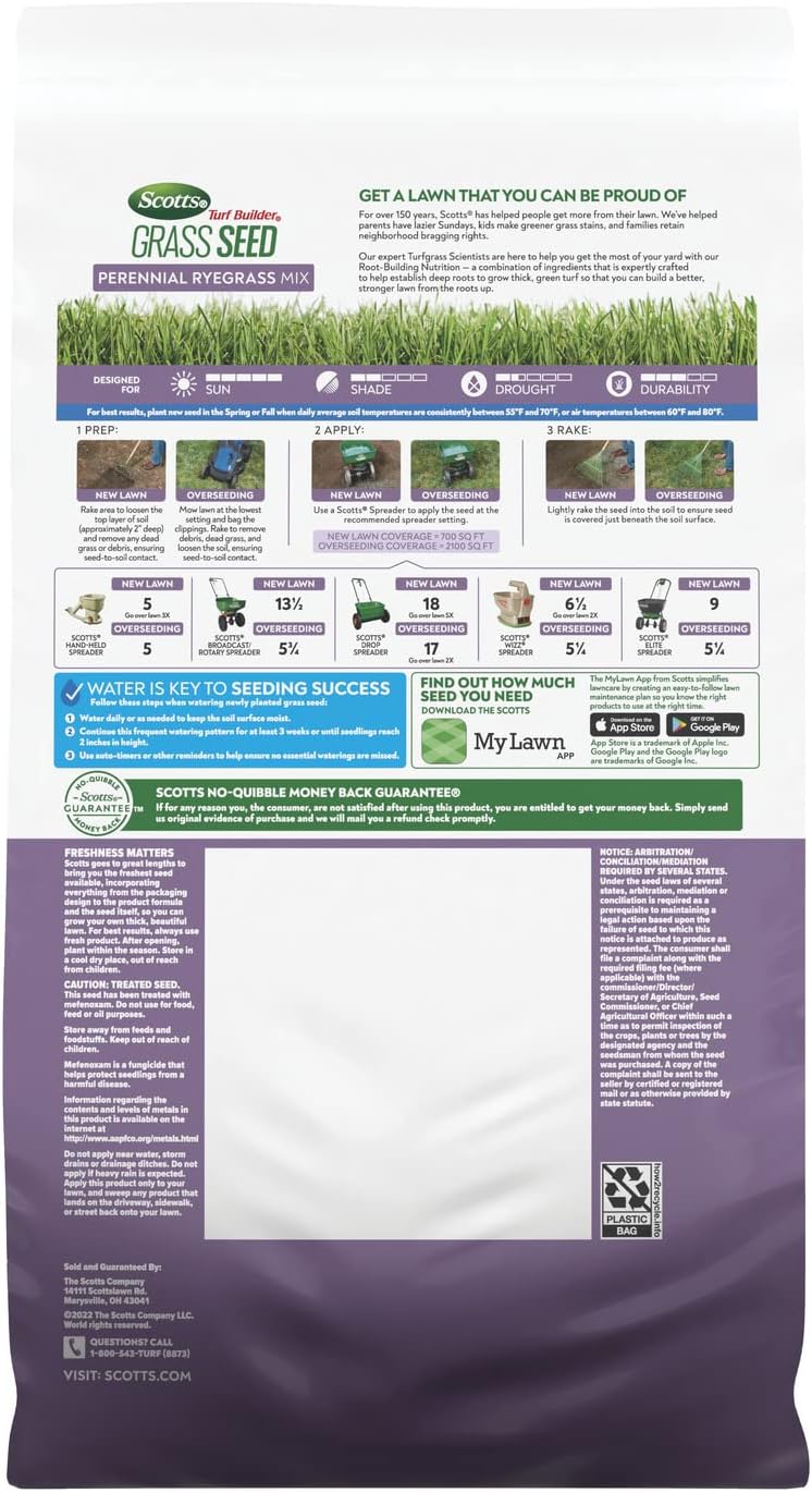 Scotts Turf Builder Grass Seed Perennial Ryegrass Mix with Fertilizer and Soil Improver, Establishes Quickly, 5.6 lbs.2