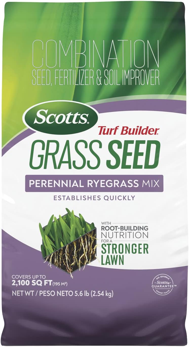 Scotts Turf Builder Grass Seed Perennial Ryegrass Mix with Fertilizer and Soil Improver, Establishes Quickly, 5.6 lbs. Scotts Turf Builder Grass Seed Perennial Ryegrass Mix with Fertilizer and Soil Improver, Establishes Quickly, 5.6 lbs.