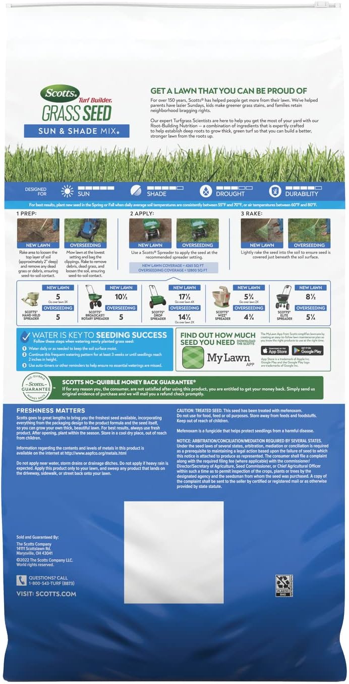 Scotts Turf Builder Grass Seed Sun & Shade Mix with Fertilizer and Soil Improver, Thrives in Many Conditions, 32 lbs.12