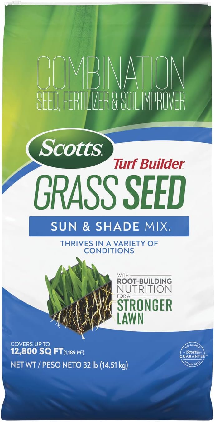 Scotts Turf Builder Grass Seed Sun & Shade Mix with Fertilizer and Soil Improver, Thrives in Many Conditions, 32 lbs. Scotts Turf Builder Grass Seed Sun & Shade Mix with Fertilizer and Soil Improver, Thrives in Many Conditions, 32 lbs.