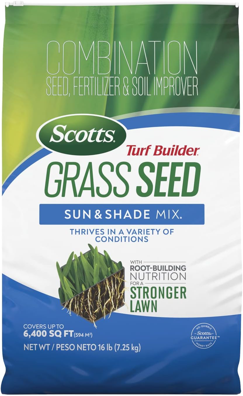Scotts Turf Builder Grass Seed Sun and Shade Mix with Fertilizer and Soil Improver, Thrives in Many Conditions, 16 lbs. Scotts Turf Builder Grass Seed Sun and Shade Mix with Fertilizer and Soil Improver, Thrives in Many Conditions, 16 lbs.