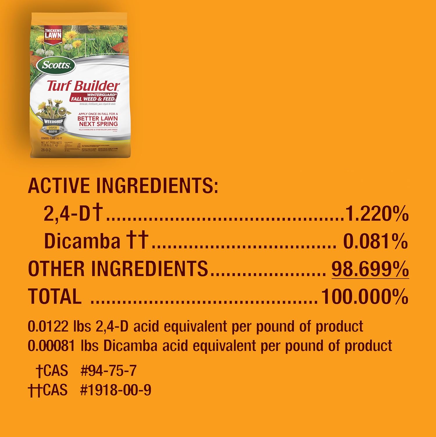 Scotts Turf Builder WinterGuard Fall Weed & Feed5, Weed Killer Plus Fall Fertilizer, 4,000 sq. ft., 11.28 lbs.1