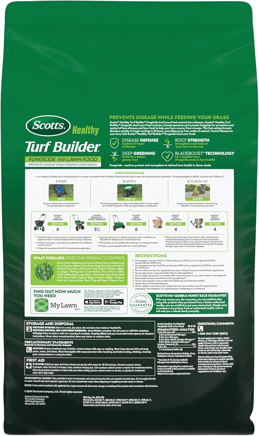 Scotts® Healthy Turf Builder® Fungicide and Lawn Food, 2-in-1 Fungicide and Fertilizer, Prevents Disease While Feeding Grass, Controls 27 Diseases - Powdery Mildew, Red Thread, Brown Patch, 13.7 lbs.1