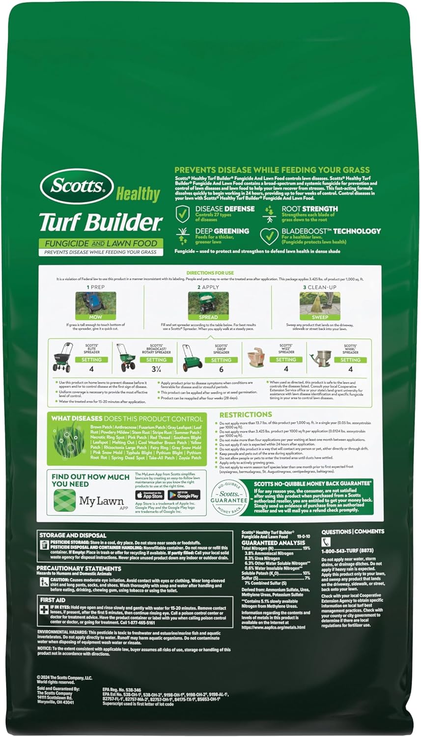 Scotts® Healthy Turf Builder® Fungicide and Lawn Food, 2-in-1 Fungicide and Fertilizer, Prevents Disease While Feeding Grass, Controls 27 Diseases - Powdery Mildew, Red Thread, Brown Patch, 27.4 lbs.1