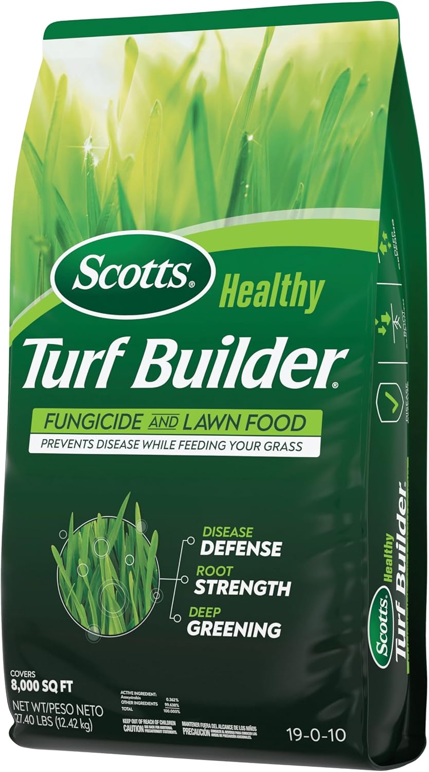 Scotts® Healthy Turf Builder® Fungicide and Lawn Food, 2-in-1 Fungicide and Fertilizer, Prevents Disease While Feeding Grass, Controls 27 Diseases - Powdery Mildew, Red Thread, Brown Patch, 27.4 lbs.3